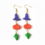 Halloween charm drop earrings with witch hat, pumpkin and ghost charms on gold plated ear wires