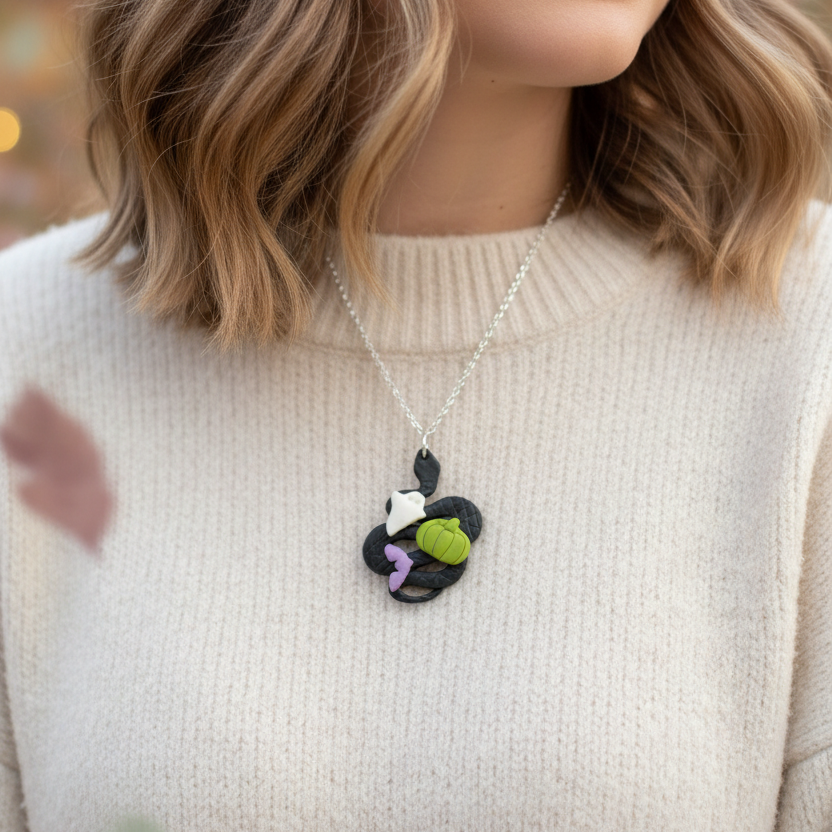 Black snake Halloween necklace being worn lifestyle shot