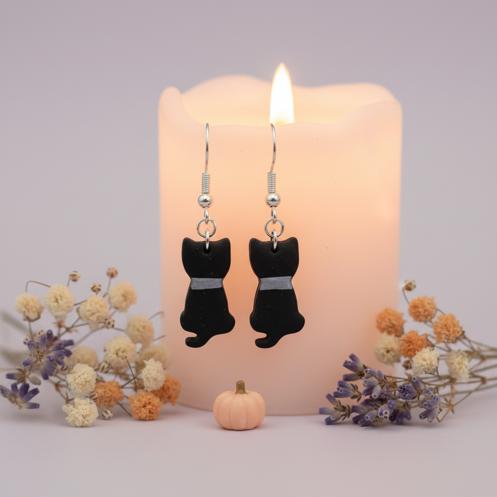 Black cat polymer clay earrings Halloween hero shot