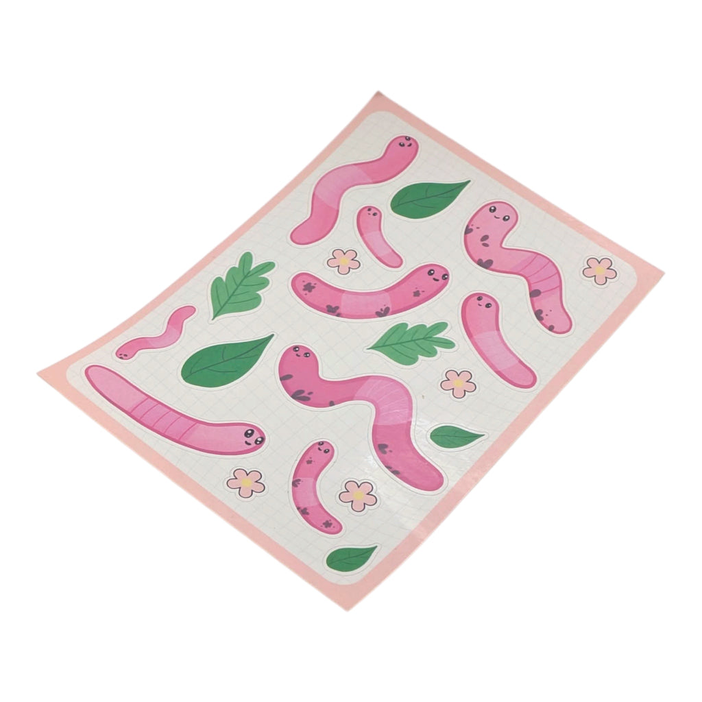 Funny pink worm sticker sheet kiss cut worm stickers for journaling on white background. 