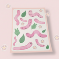 Kawaii Worm Sticker, cartoon Earth worm glossy stickers on a pale pink background 