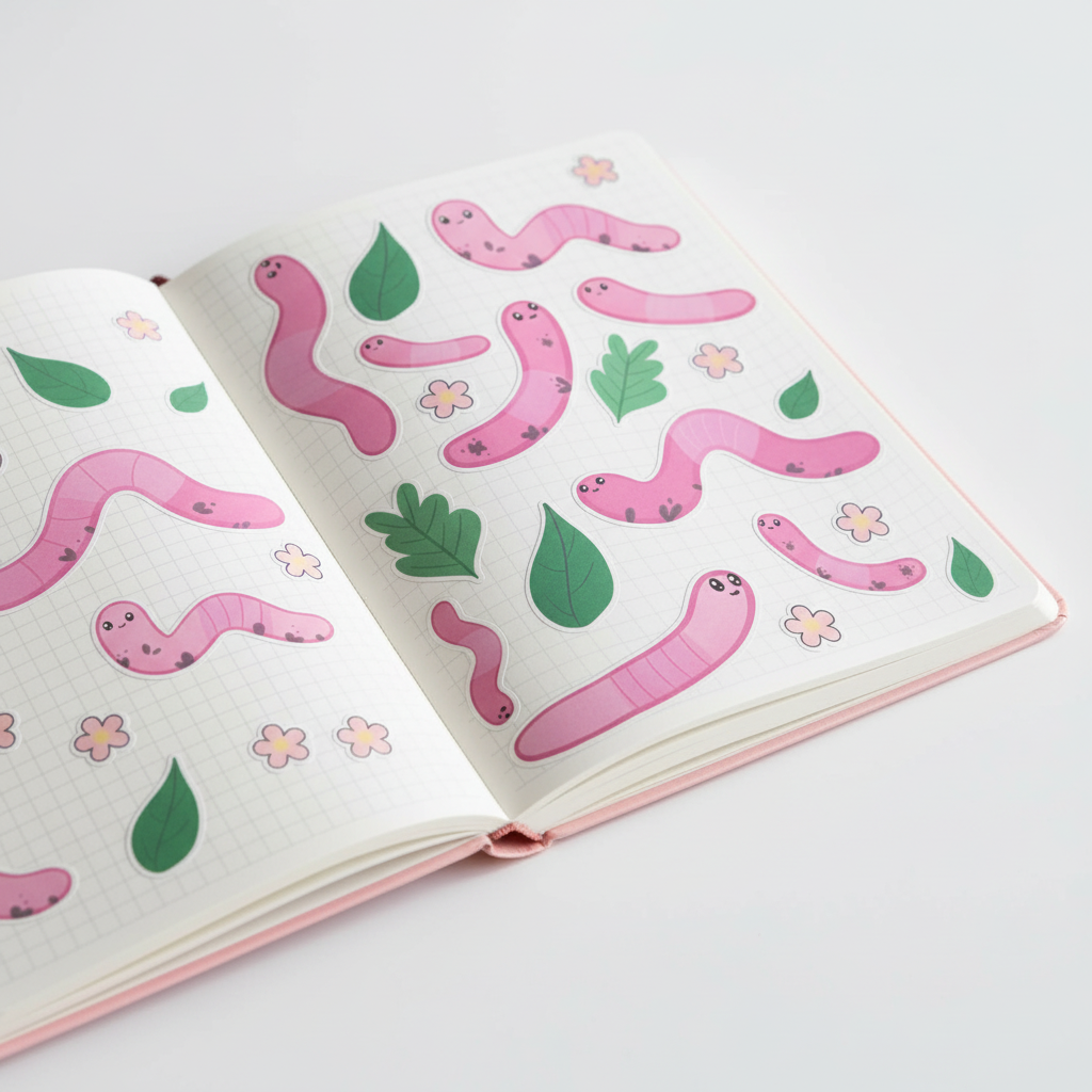 Kawaii pink worm stickers on journal pages, hand drawn original art bug sticker sheet on white background 