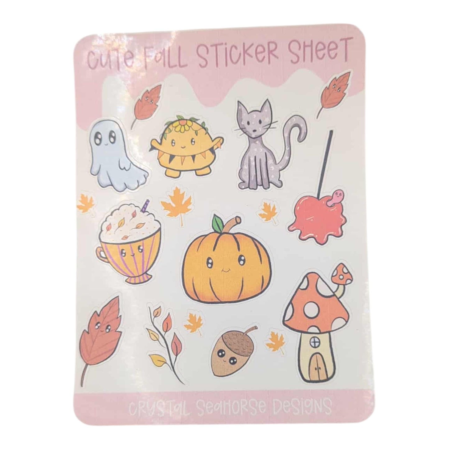 Cute fall-themed sticker sheet with various autumnal illustrations on a white background.