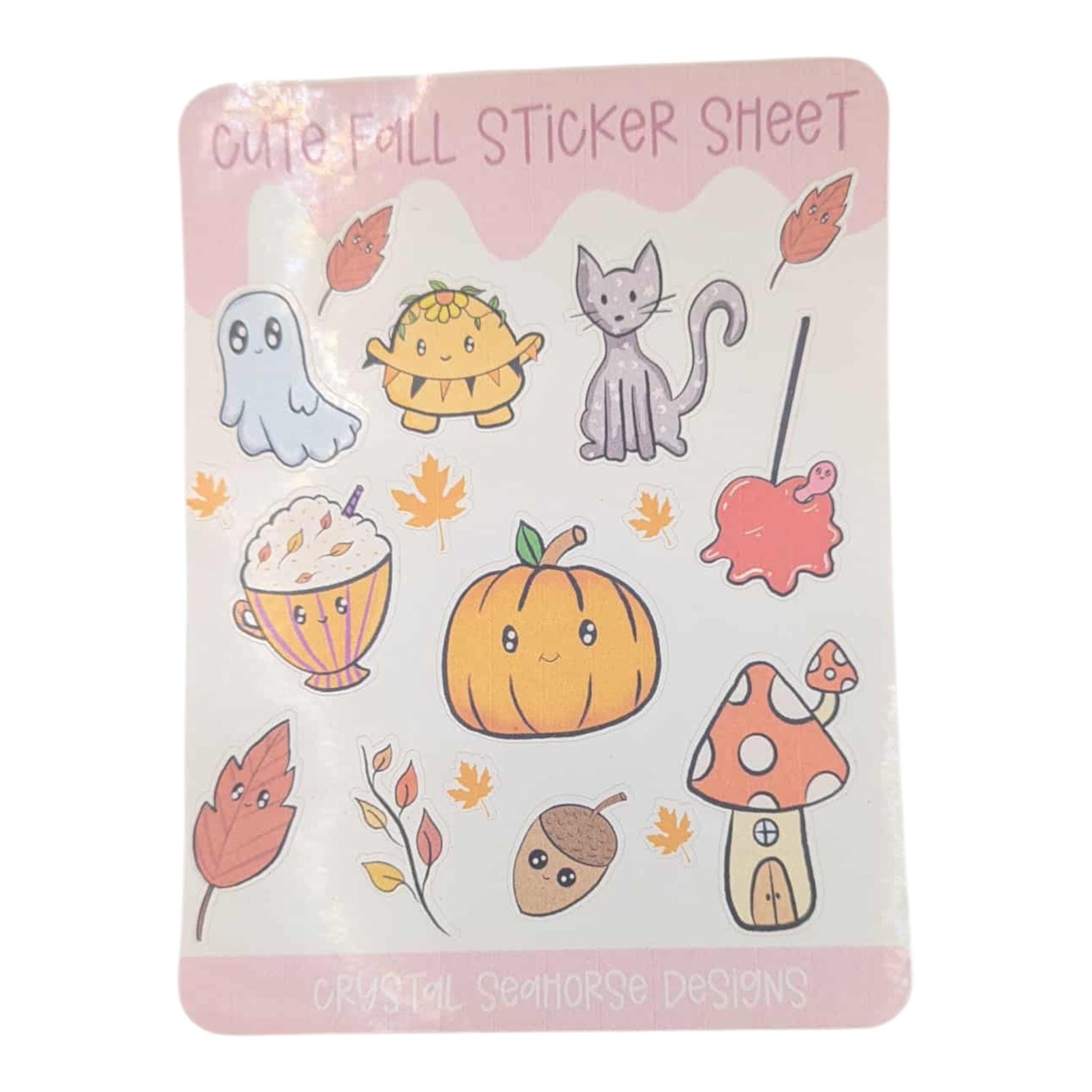 Cute fall-themed sticker sheet with various autumnal illustrations on a white background.