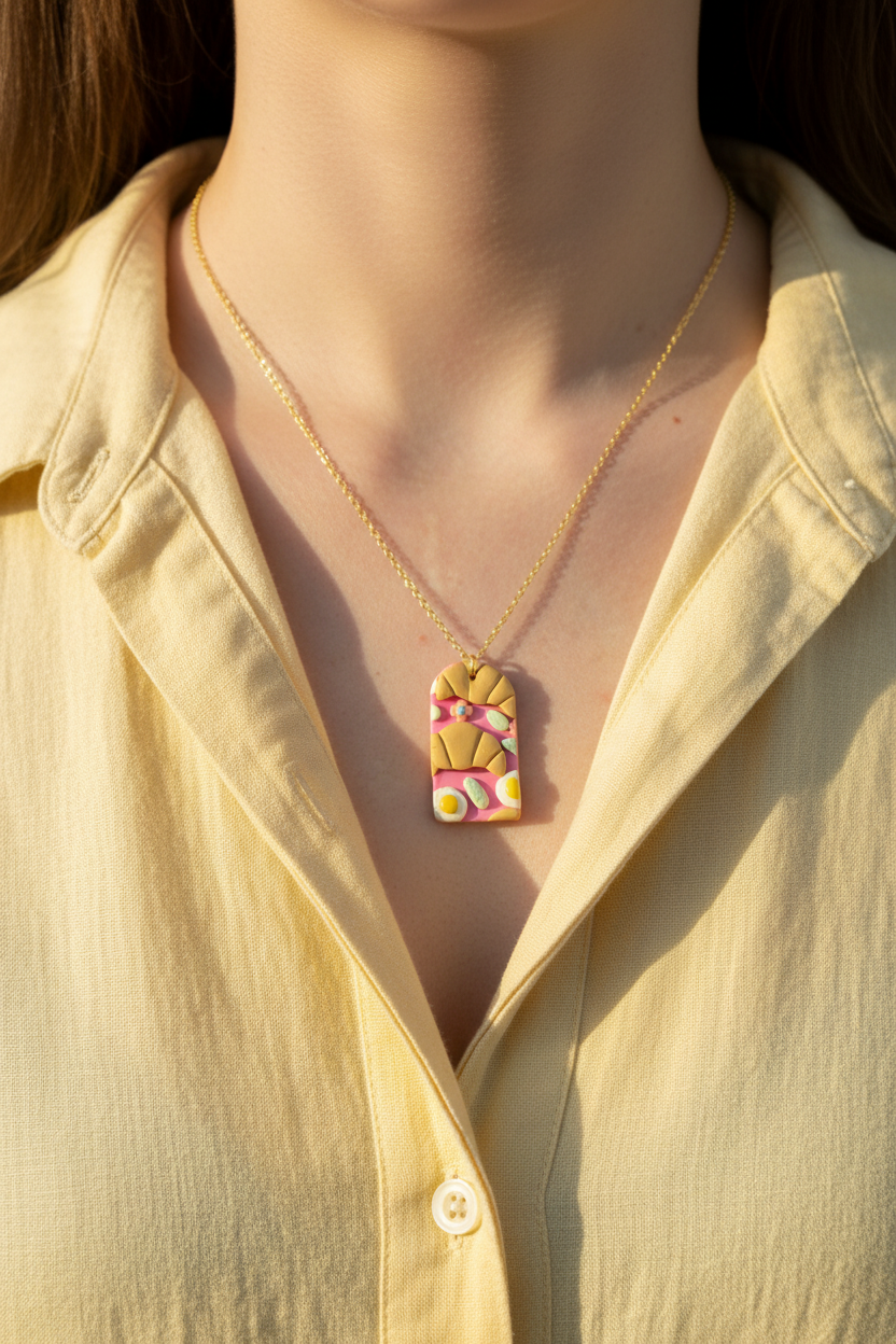kawaii food necklace with croissant and egg pattern on pink pendant with gold chain on a models neck 