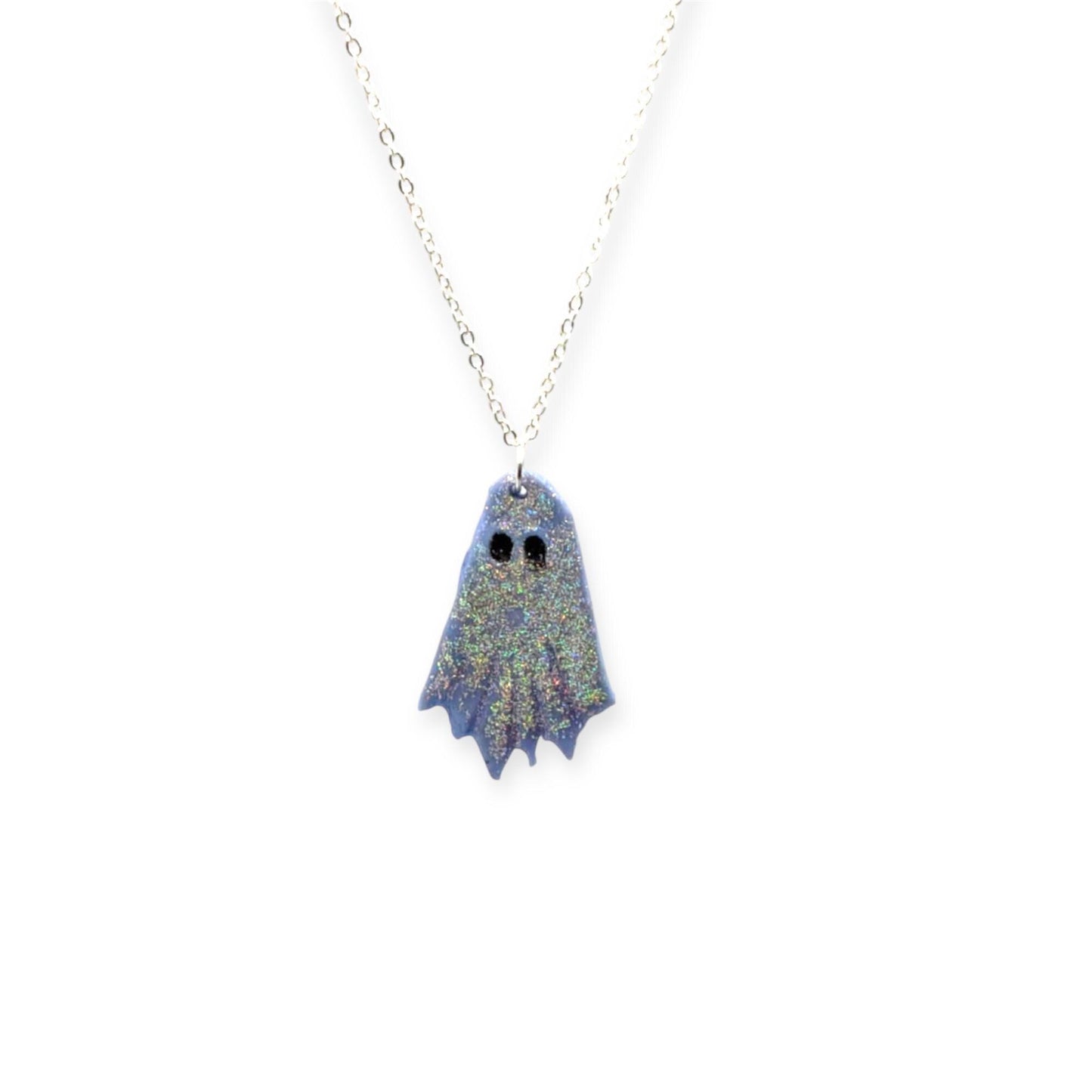 Ghost-shaped pendant on a chain against a white background
