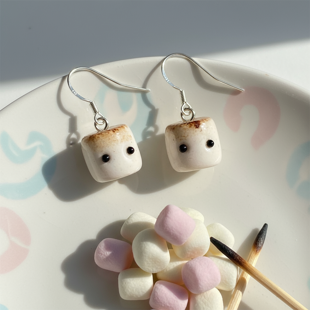 Marshmallow-shaped earrings on a plate with marshmallows and a matchstick.