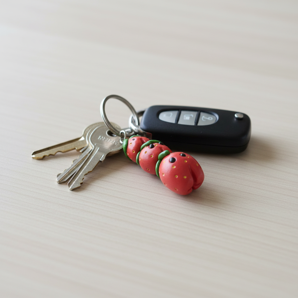 Keychain shaped like a red strawberry with green leaves on a keyring, attached to keys and a car key fob.
