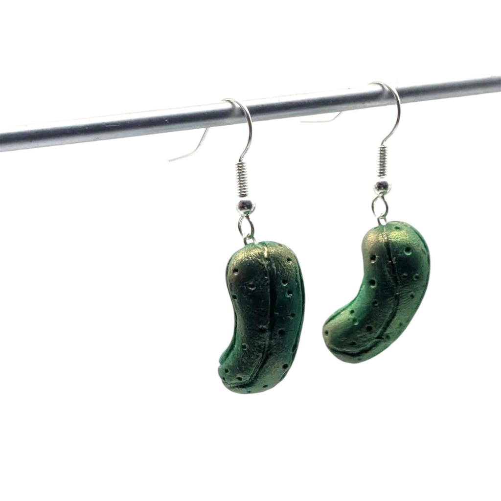 Kawaii green pickle earrings, handmade polymer clay food jewellery, gift idea UK