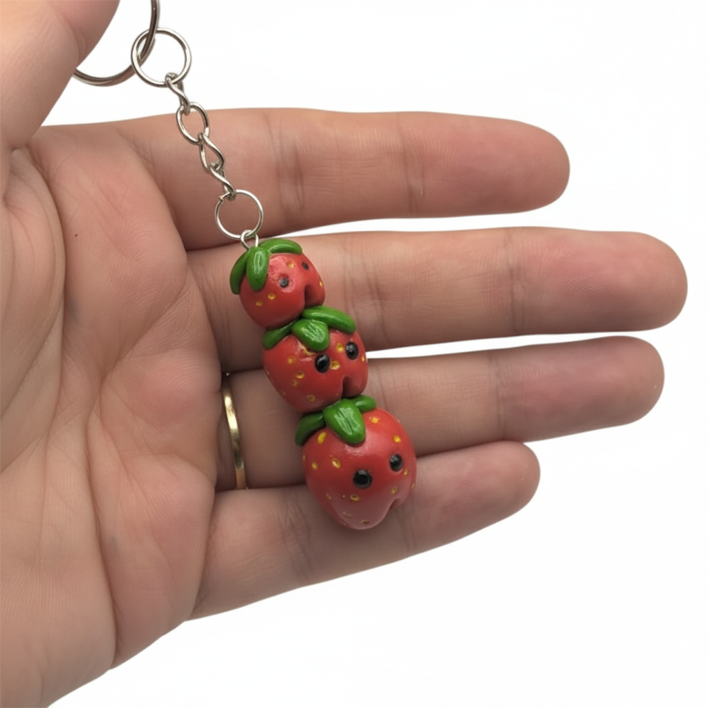 Hand holding a keychain with strawberry design on a white background