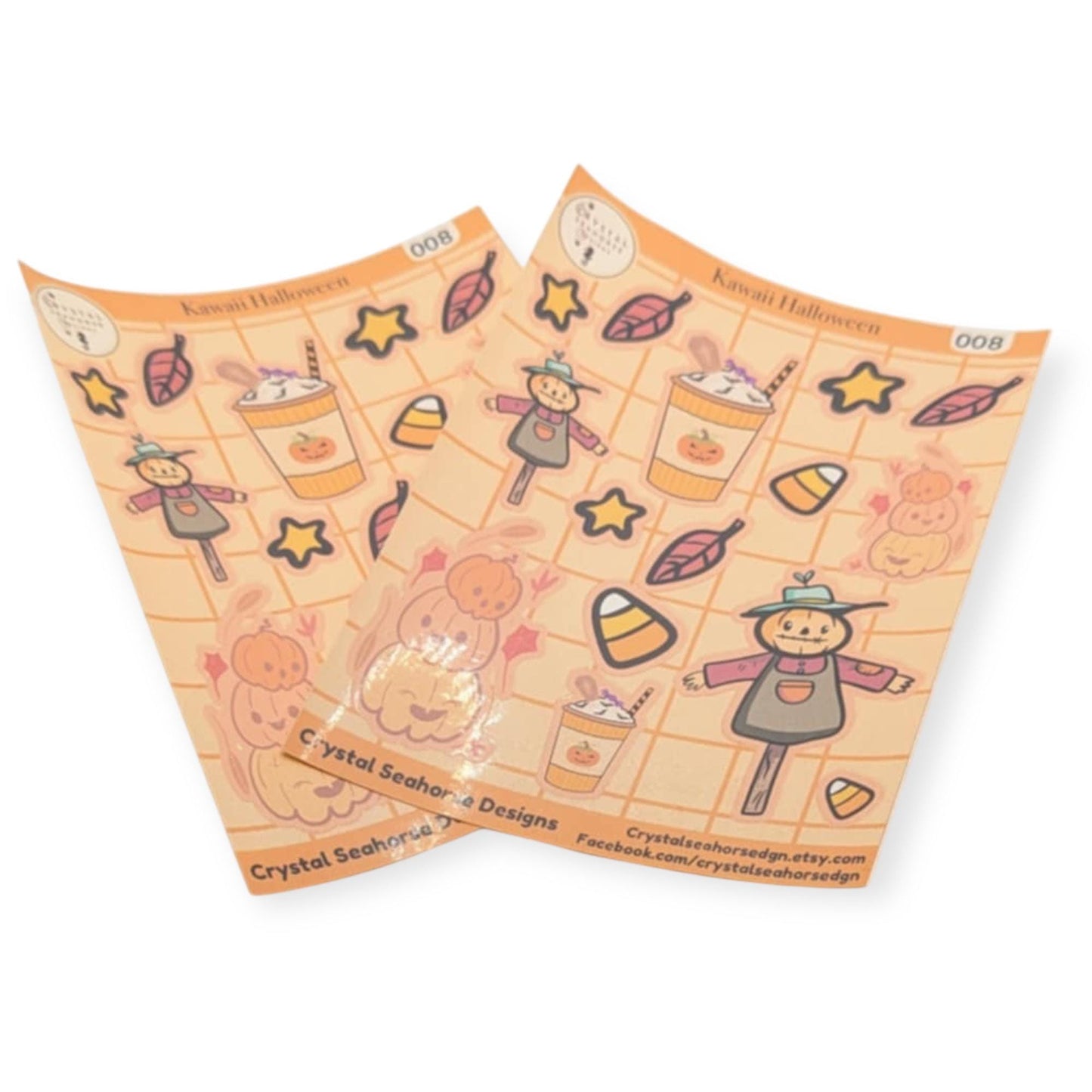 Two sheets of Halloween-themed stickers with scarecrows, pumpkins, and candy corn on a white background.