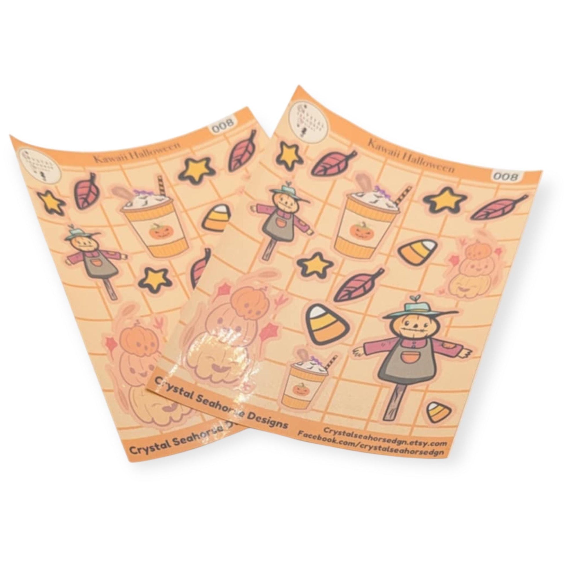 Two sheets of Halloween-themed stickers with scarecrows, pumpkins, and candy corn on a white background.