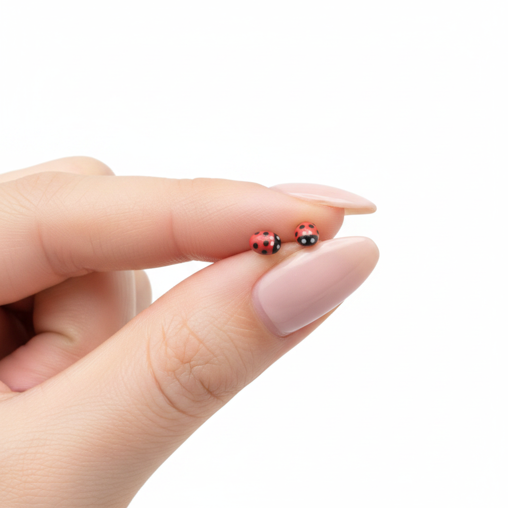 Ladybird Stud Earrings Held Between Fingers