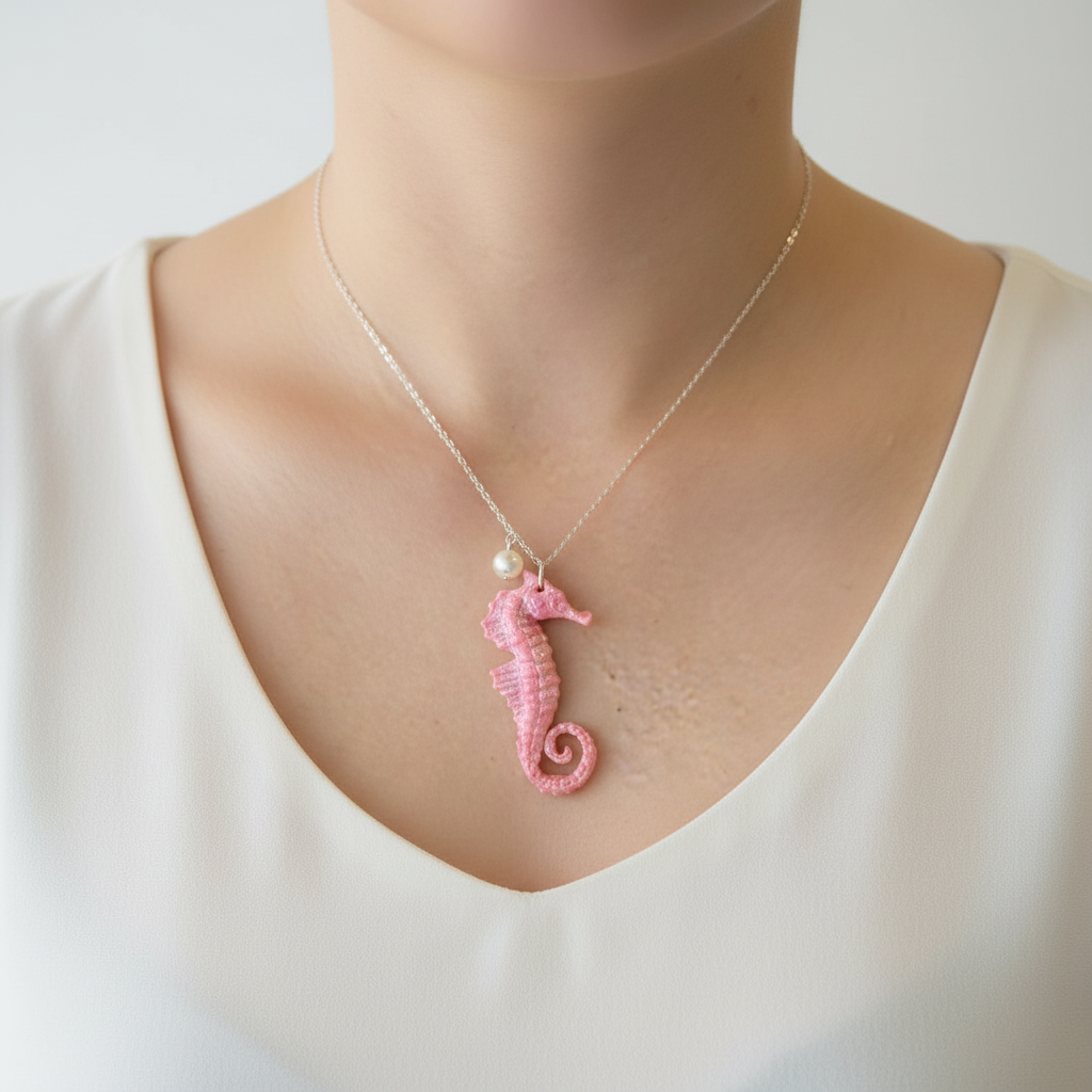 Pink sparkly seahorse necklace with pearl accent worn on model's neck showing how pendant sits