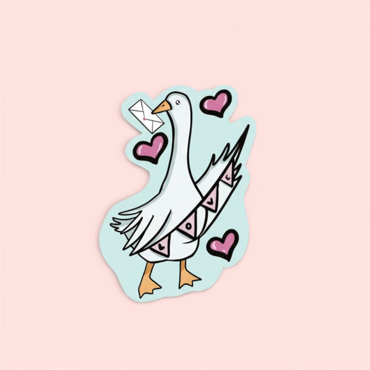 Sticker of a goose with hearts and an envelope on a light blue background