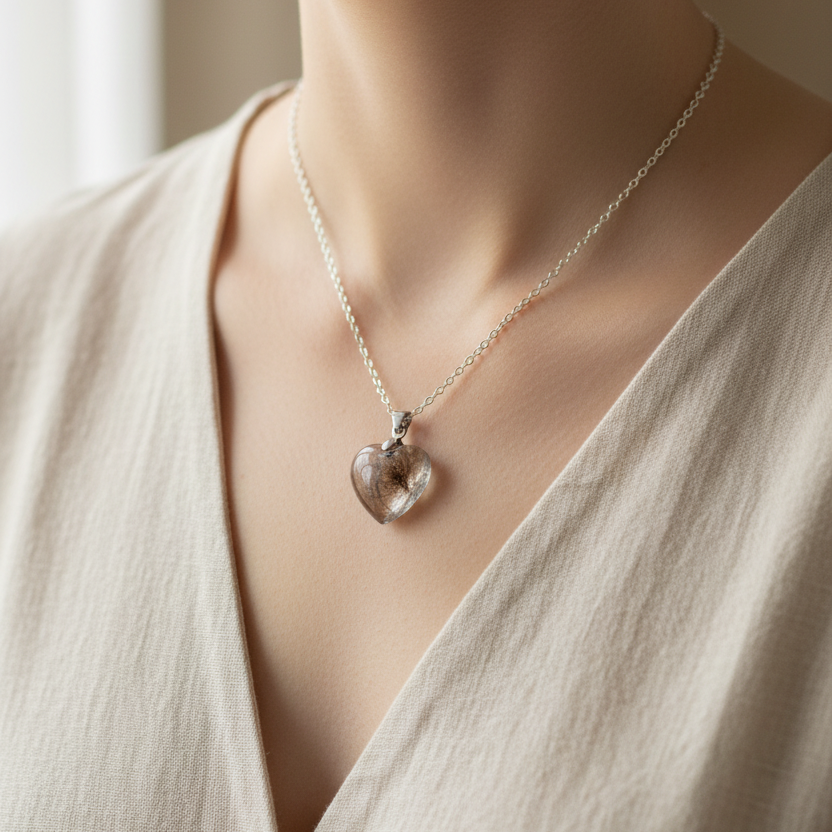 Dog fur heart necklace worn on neckline, real dog fur jewellery custom necklace 