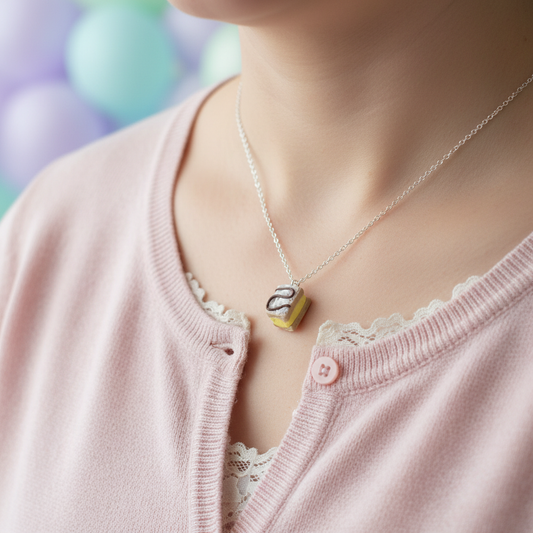 Mini cake vanilla slice pendant, kawaii jewellery worn on neck 