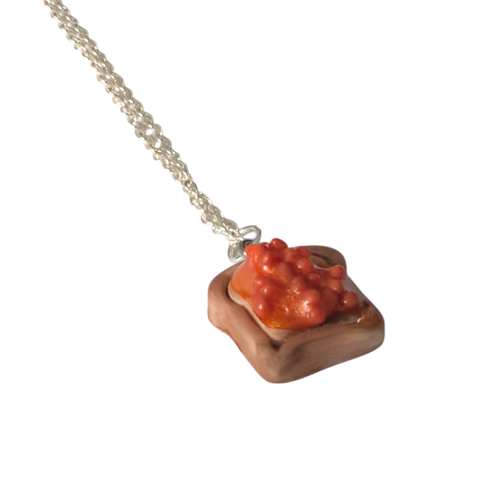 Necklace with polymer clay toast with beans and silver plated chain 