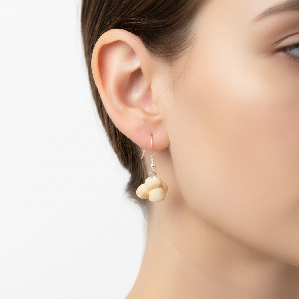Handmade popcorn earrings displayed on a model showcasing their unique design and charm.