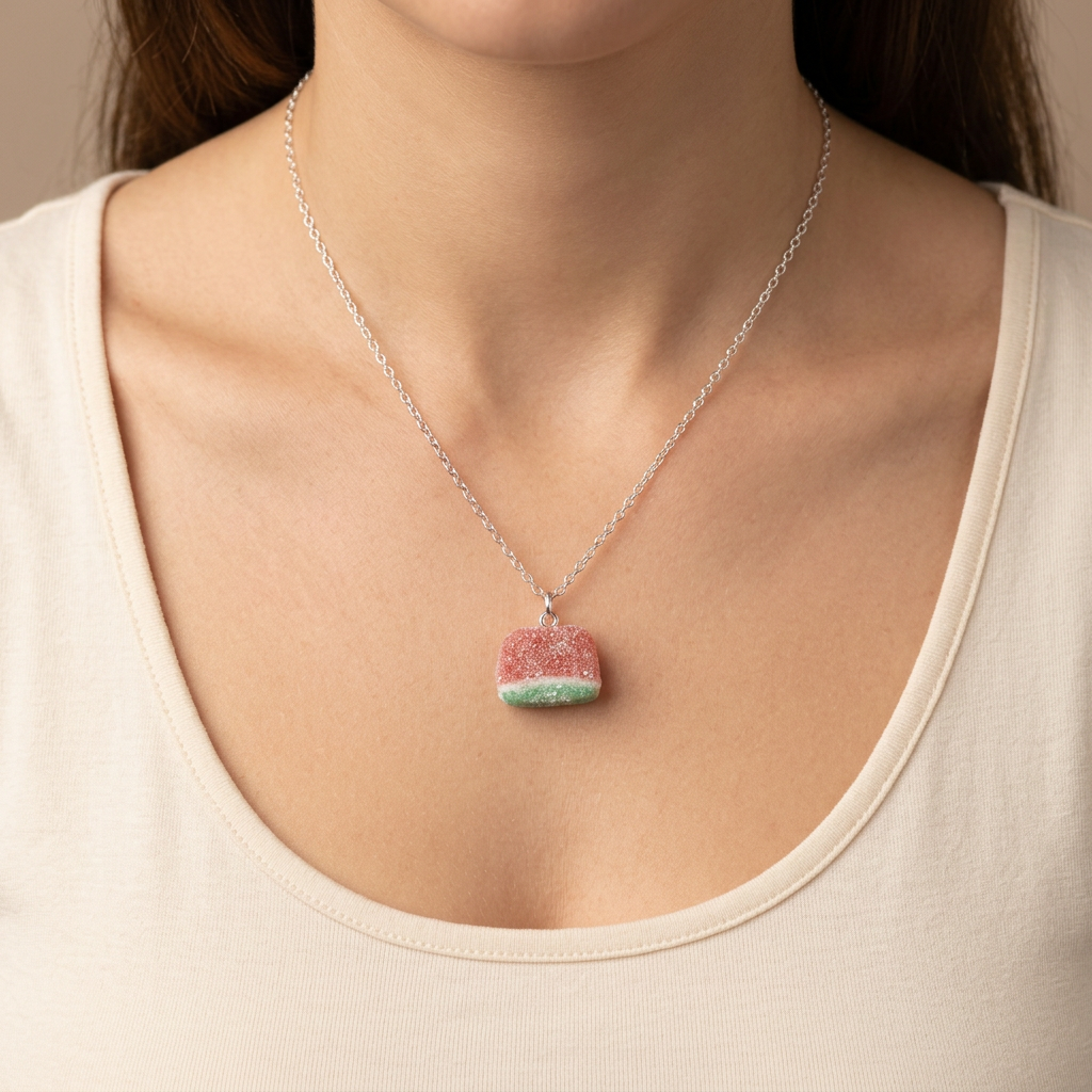 Woman wearing watermelon sweet necklace, unique handmade polymer clay jewellery on silver chain 