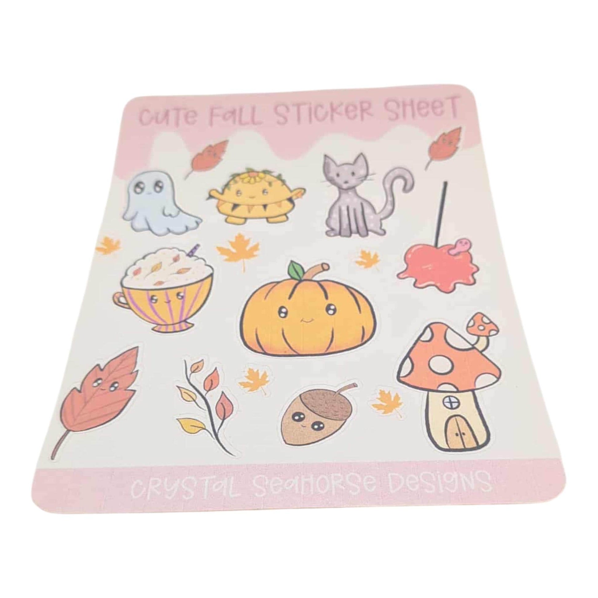 Cute fall-themed sticker sheet with various autumnal illustrations on a white background.