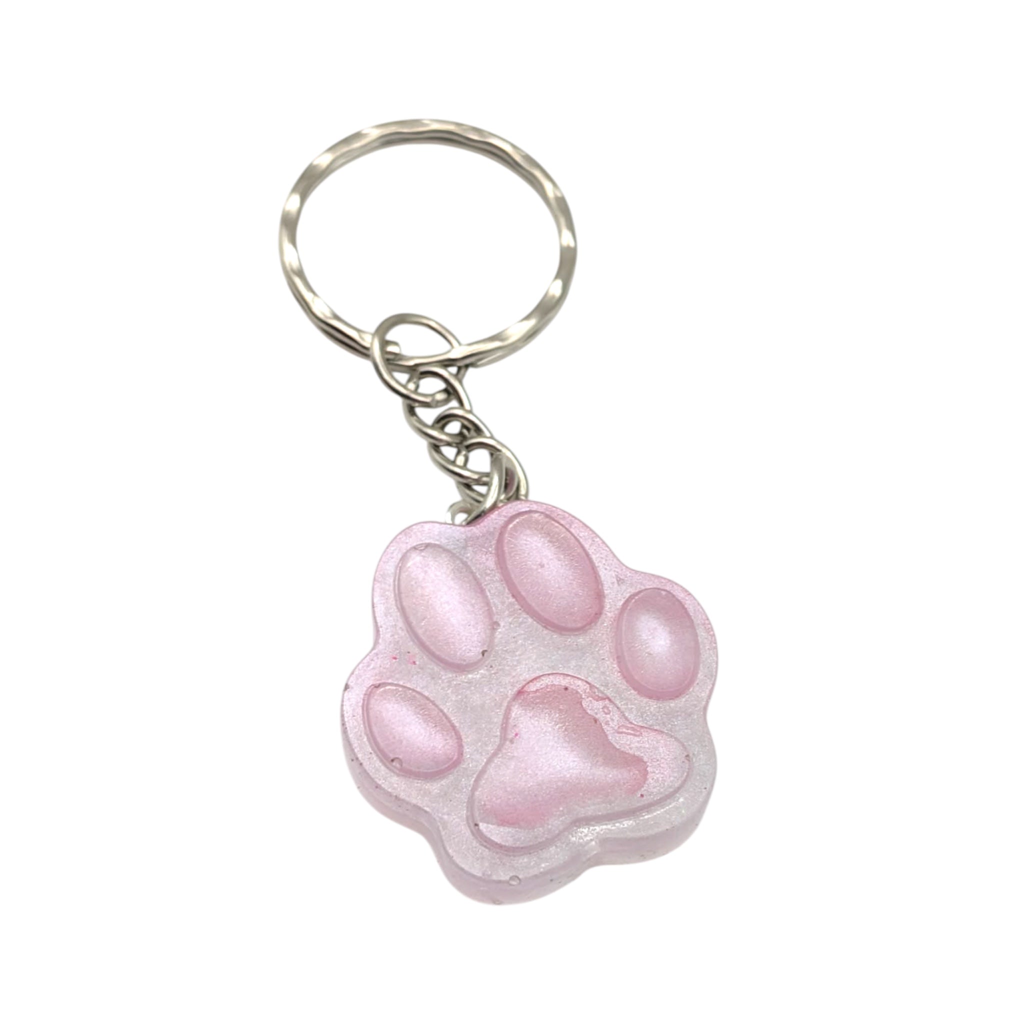 Pink resin paw print keychain on silver ring, handmade animal lover gift