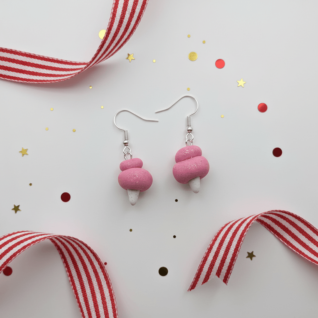 Handmade candy floss earrings displayed with festive ribbons and confetti, showcasing their unique design and charm.