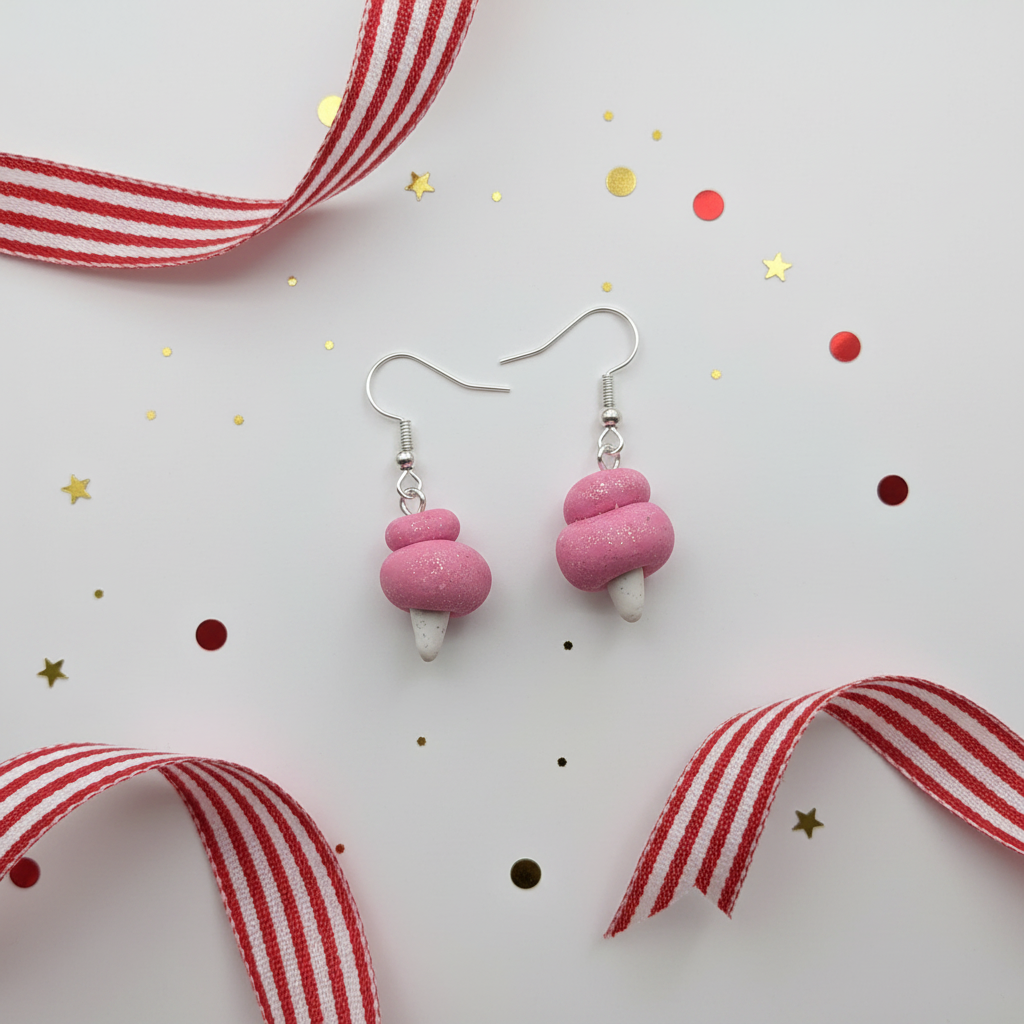 Handmade candy floss earrings displayed with festive ribbons and confetti, showcasing their unique design and charm.