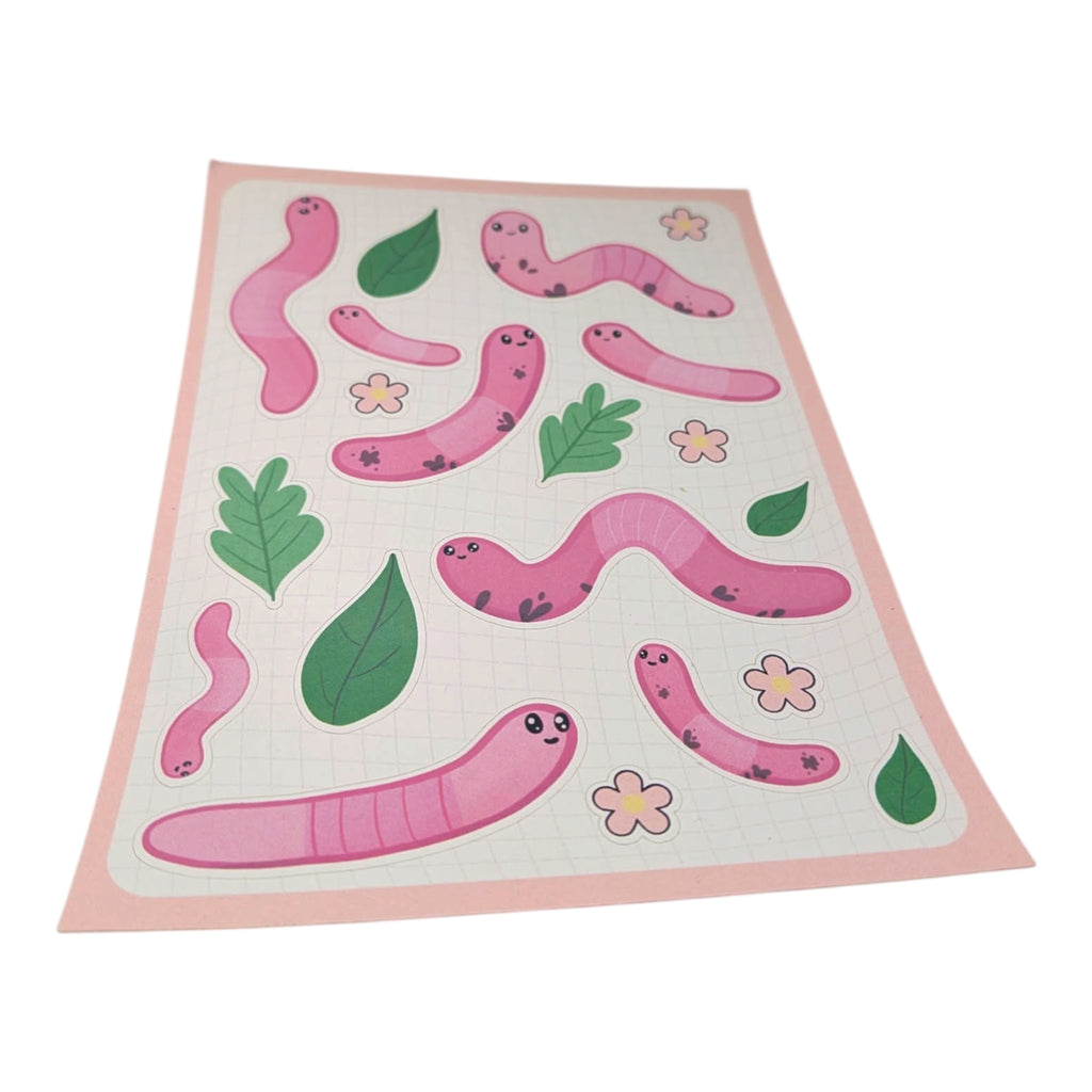 Pink worm sticker sheet with green leaves and pink flowers kawaii stationery on white background 