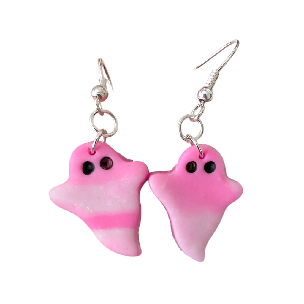 Kawaii ghost earrings pink and white polymer clay jewellery with silver ear wires