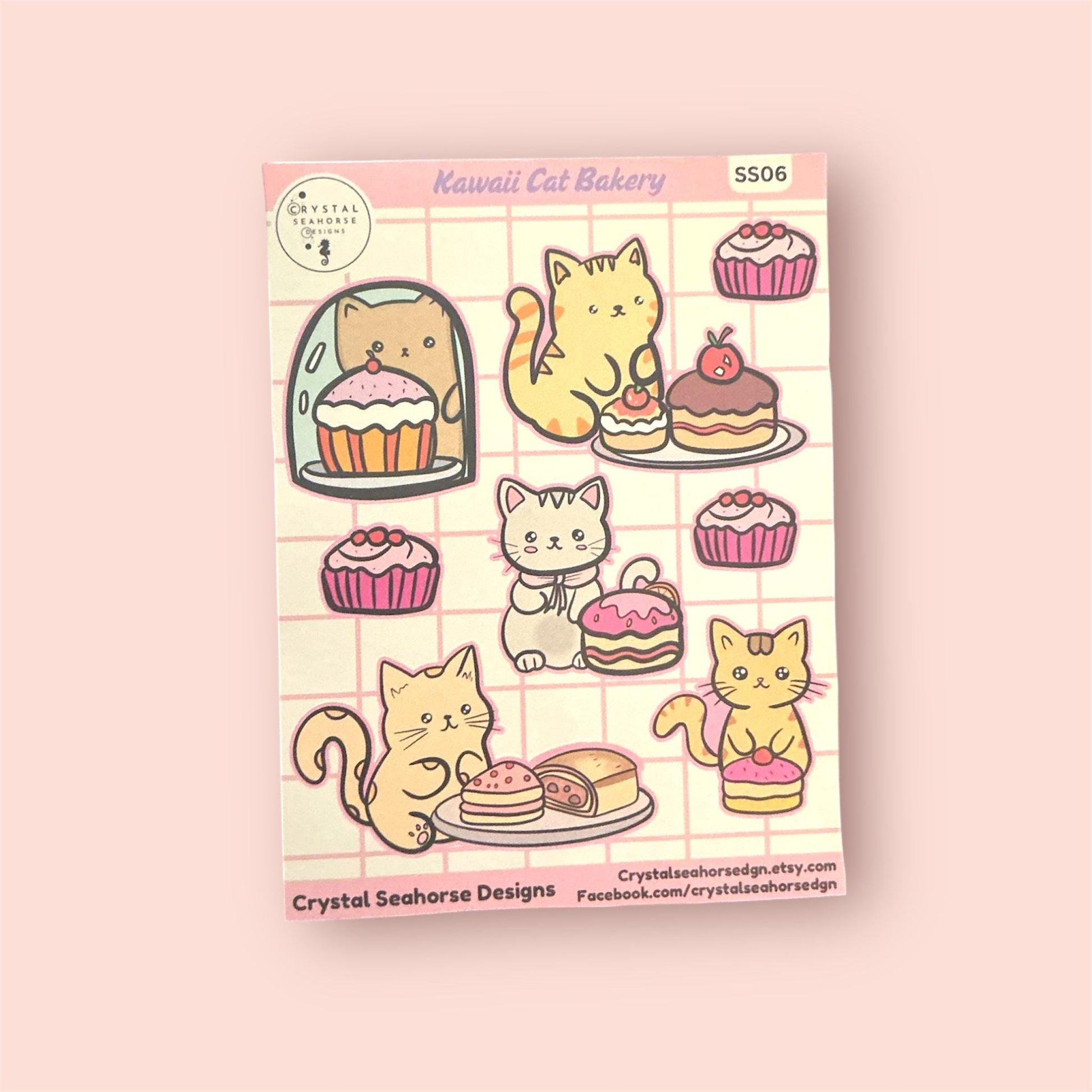Sticker sheet with cute cat illustrations and desserts on a pink background