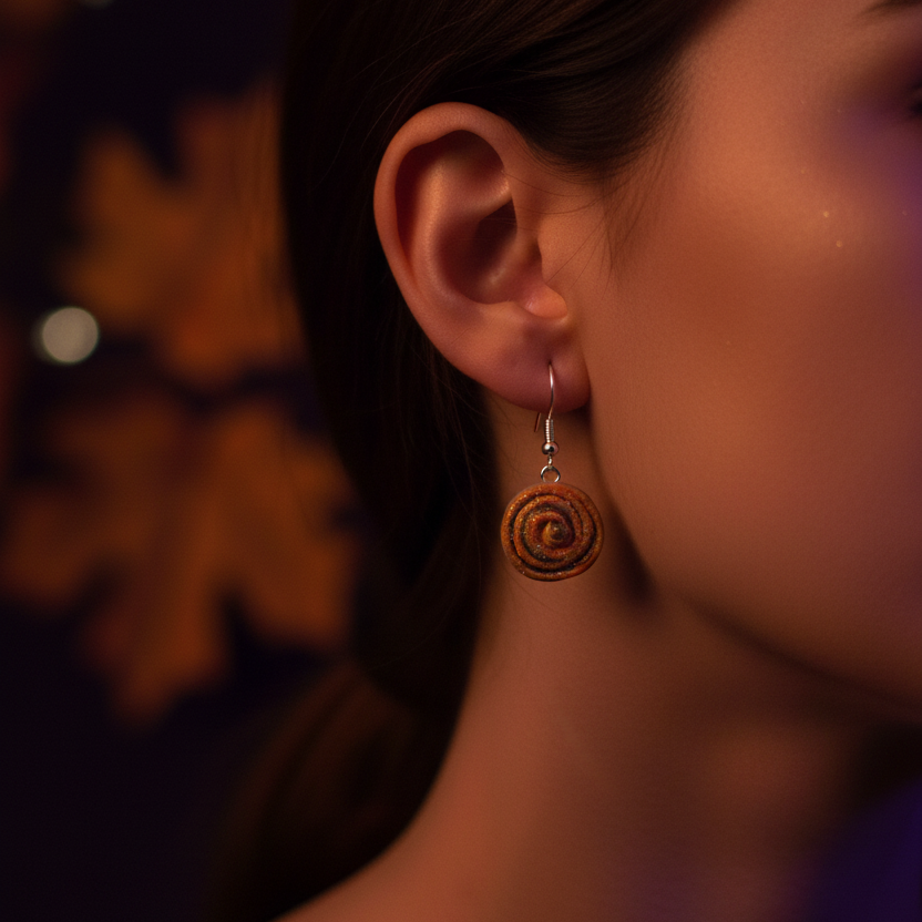 A close-up side profile of a woman wearing a spiral drop earring. The earring features a dark brown and orange spiral pattern on a silver-toned hook, set against a dark, atmospheric background with warm bokeh lights.