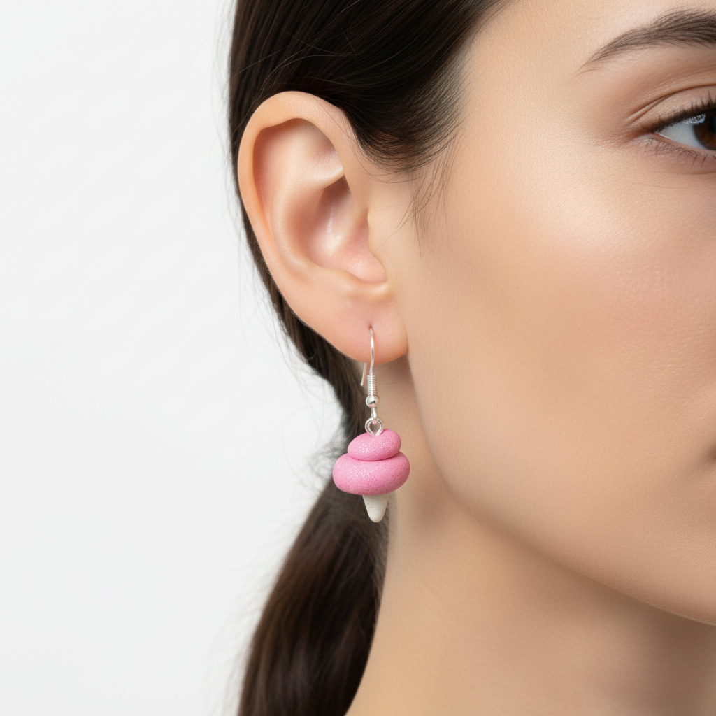 Handmade candy floss earrings displayed on a model, featuring a whimsical pink candy design.
