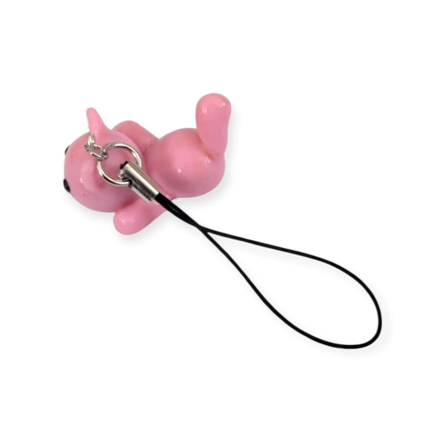 Pink phone charm with a black strap on a white background