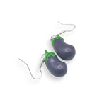 Polymer clay mini food eggplant-shaped earrings on a white background