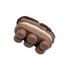 Bottom view of cake with feet with round ends on a white background