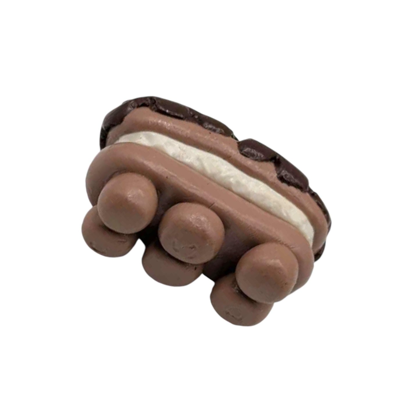 Bottom view of cake with feet with round ends on a white background