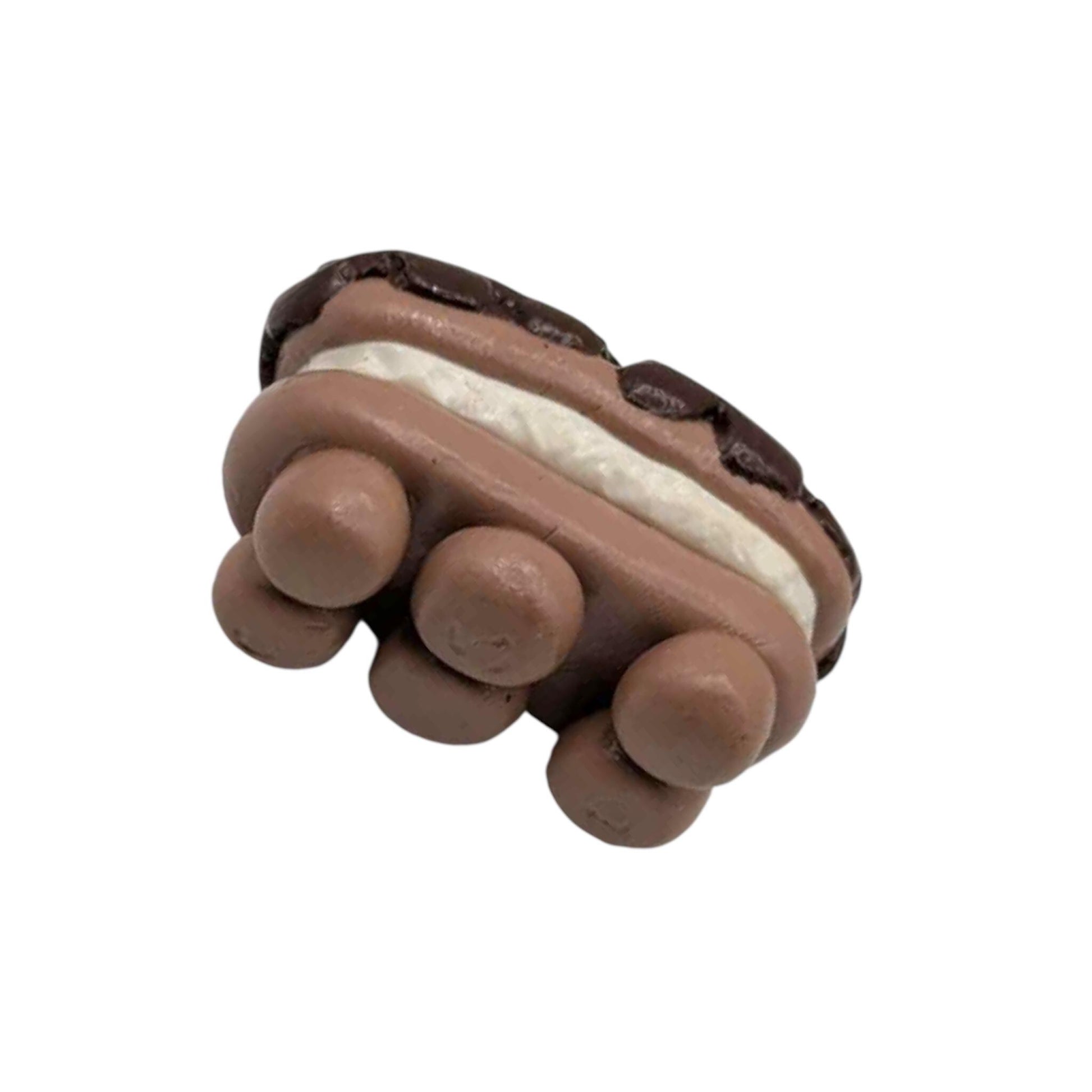 Bottom view of cake with feet with round ends on a white background