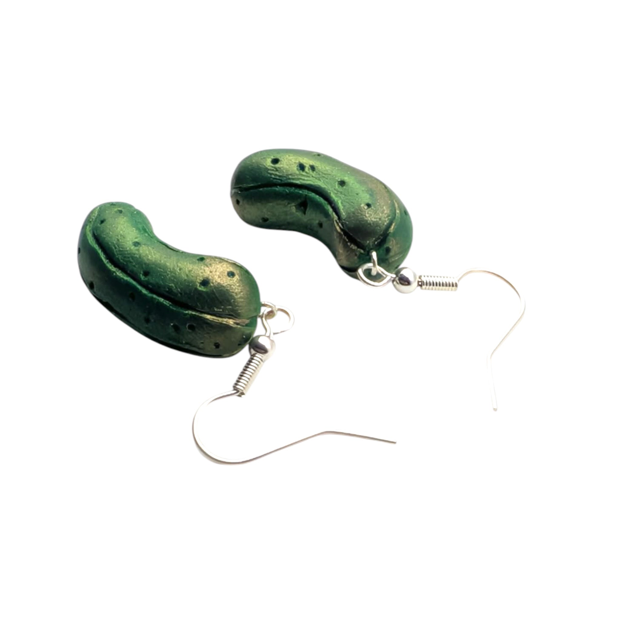 Mini pickle-shaped polymer clay food earrings, handmade jewellery UK