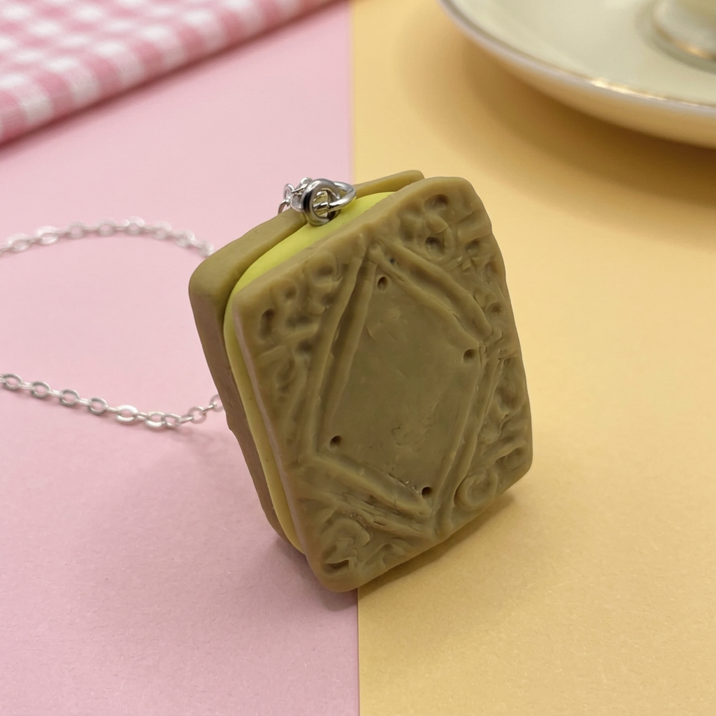 Mini custard cream biscuit necklace polymer Clay miniature food jewellery 