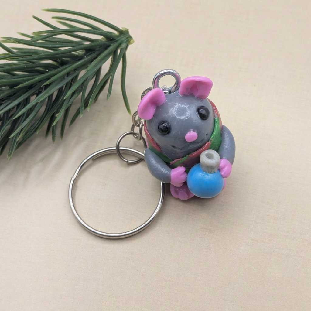 small grey Christmas mouse keyring with bauble 