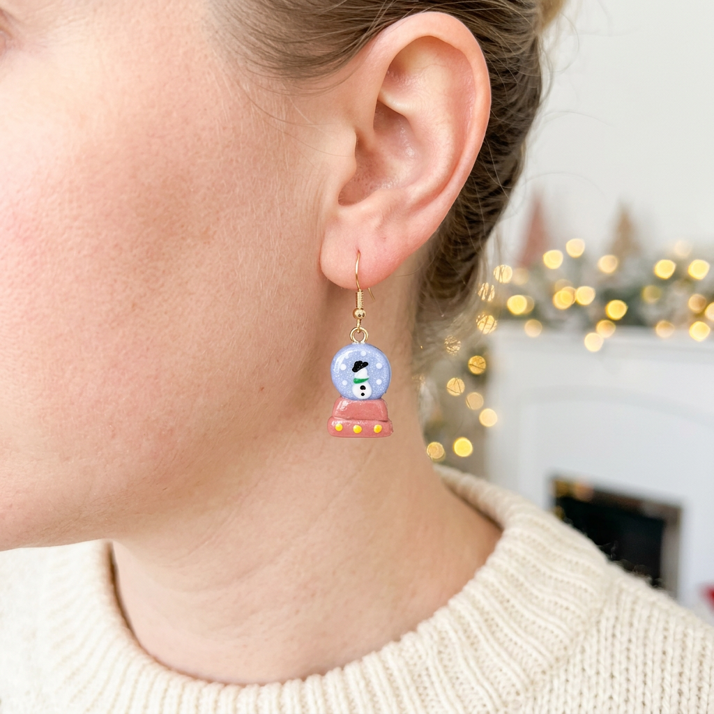 Snow globe earrings, Christmas earring worn by a model