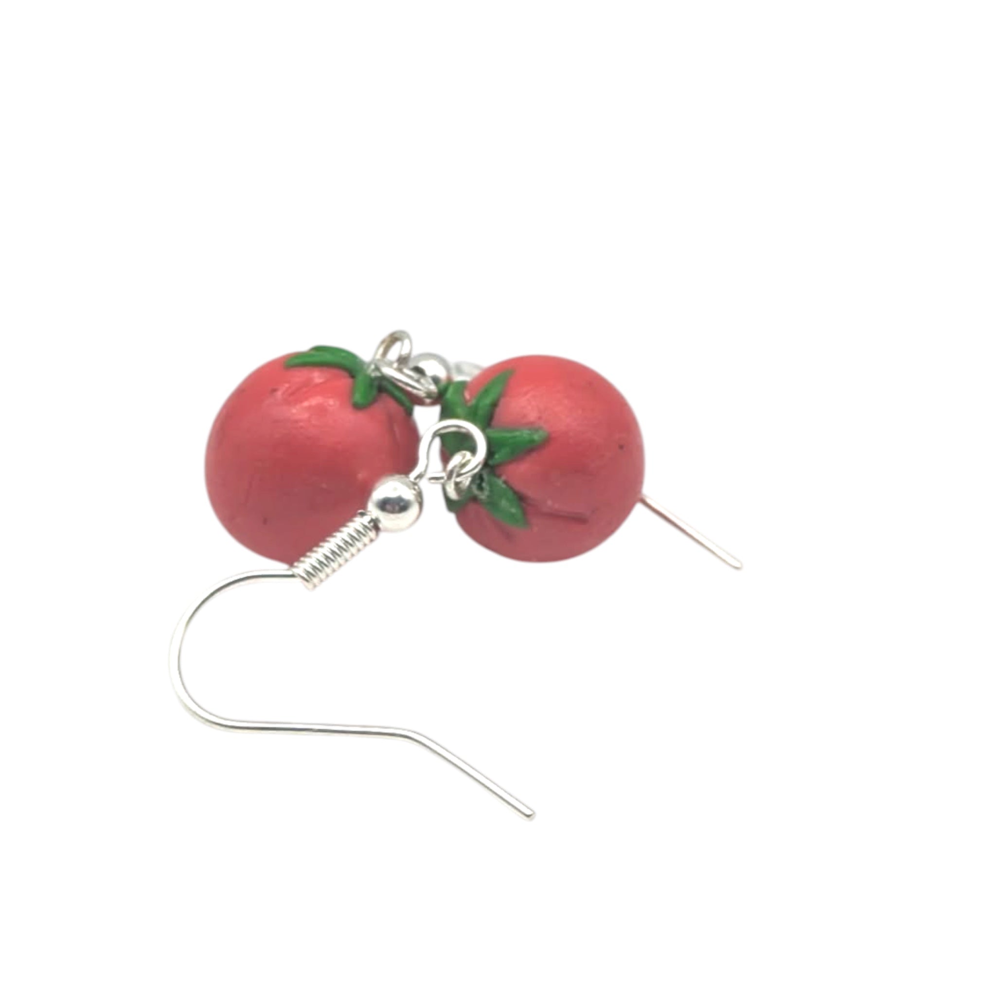 Tomato polymer clay drop earrings close up, handmade in the UK