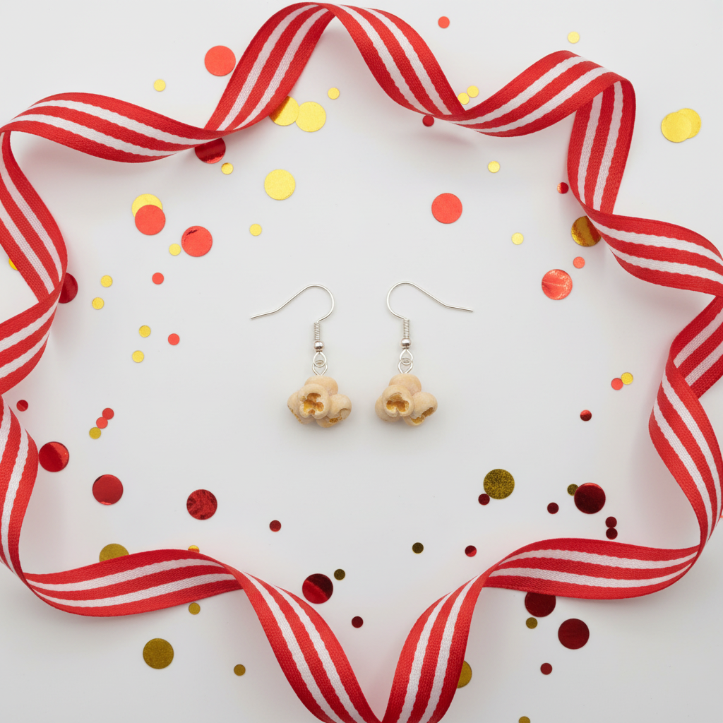 Handmade popcorn earrings displayed with red striped ribbon and colorful confetti on a white background.