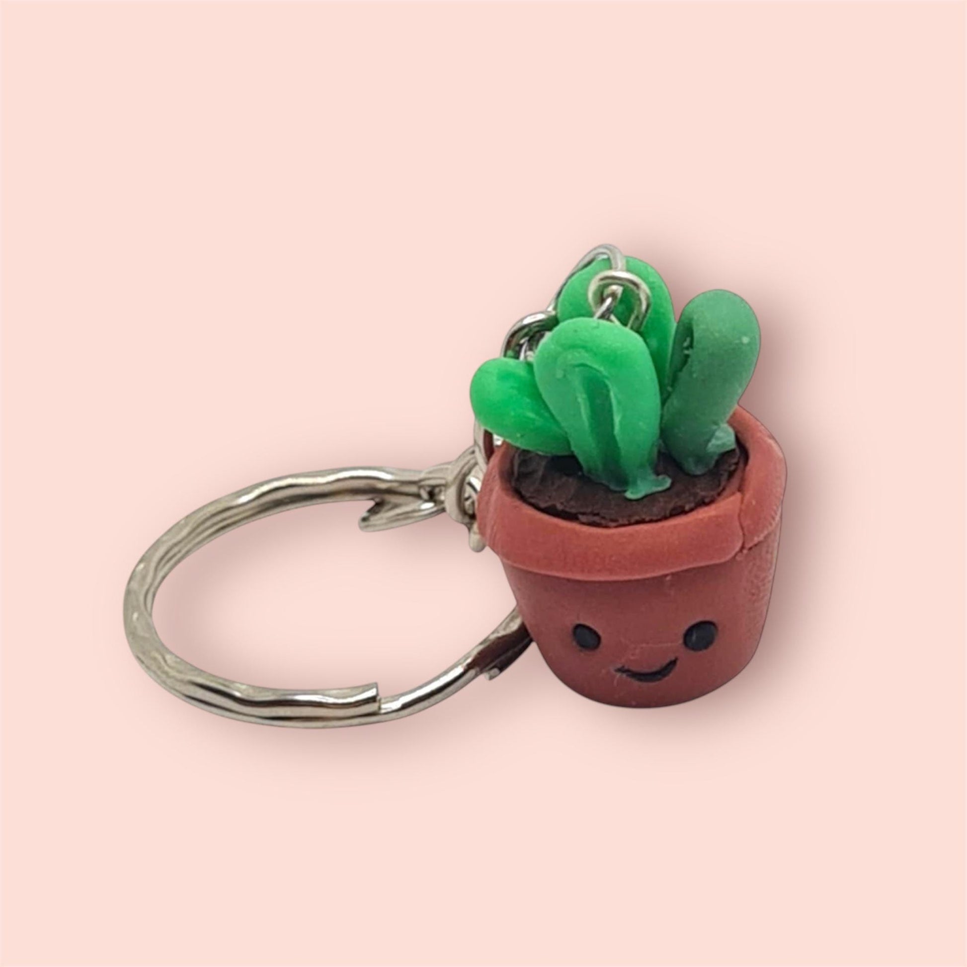 Cute potted plant keychain with a smiling face on a pink background
