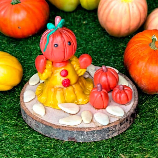 Decorative figurine with pumpkins on a grassy background