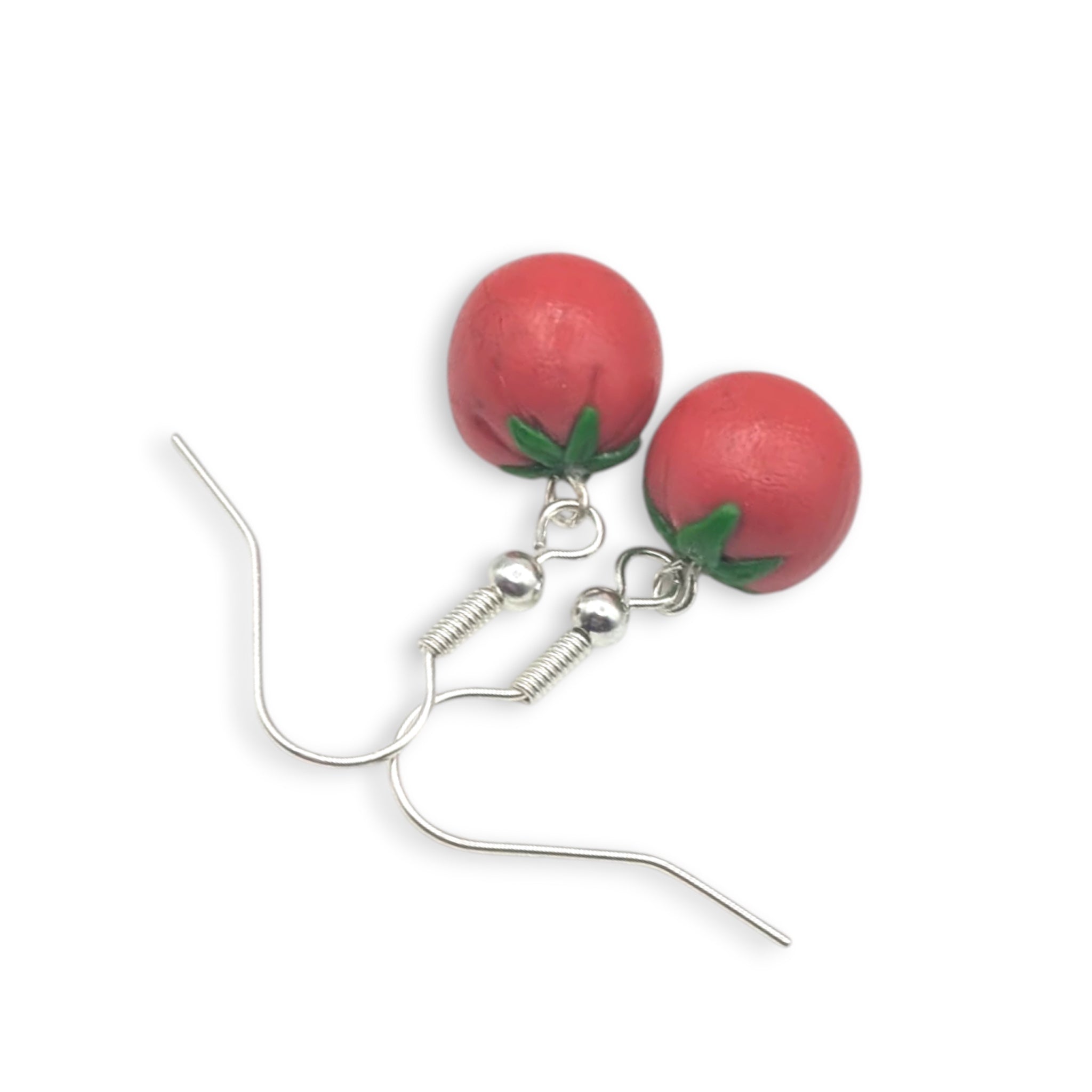 Quirky tomato earrings flat lay, unique handmade gift for her