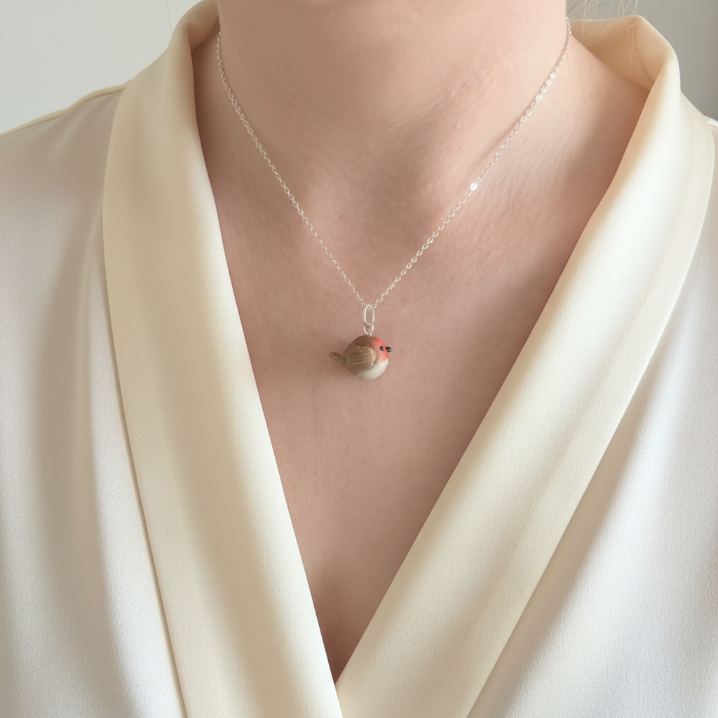 Handmade polymer clay robin bird pendant necklace worn on neck with cream wrap top
