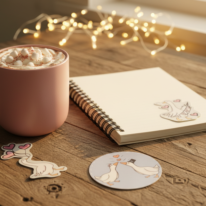 Close-up of glossy Valentine's goose stickers showing die-cut edges and hand-drawn details