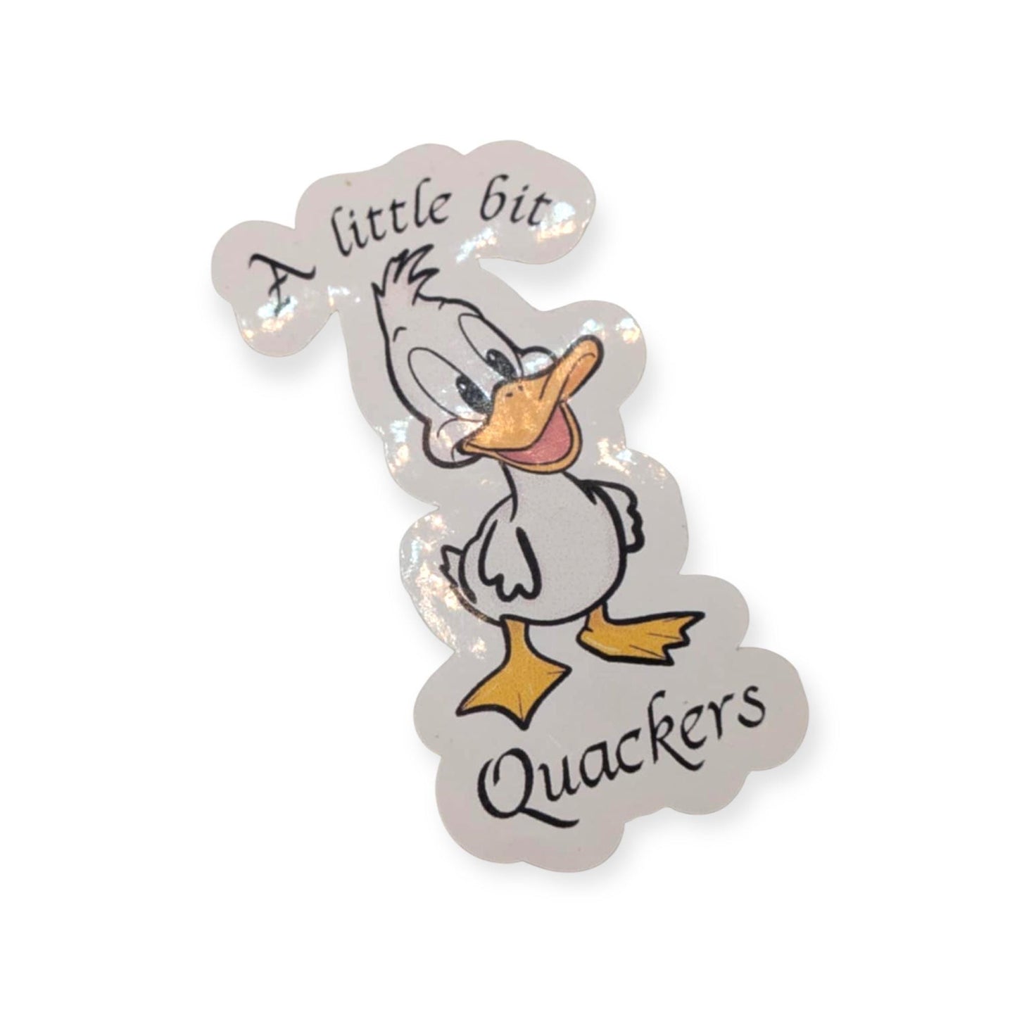 Cartoon duck with text 'A little bit Quackers' on a white background